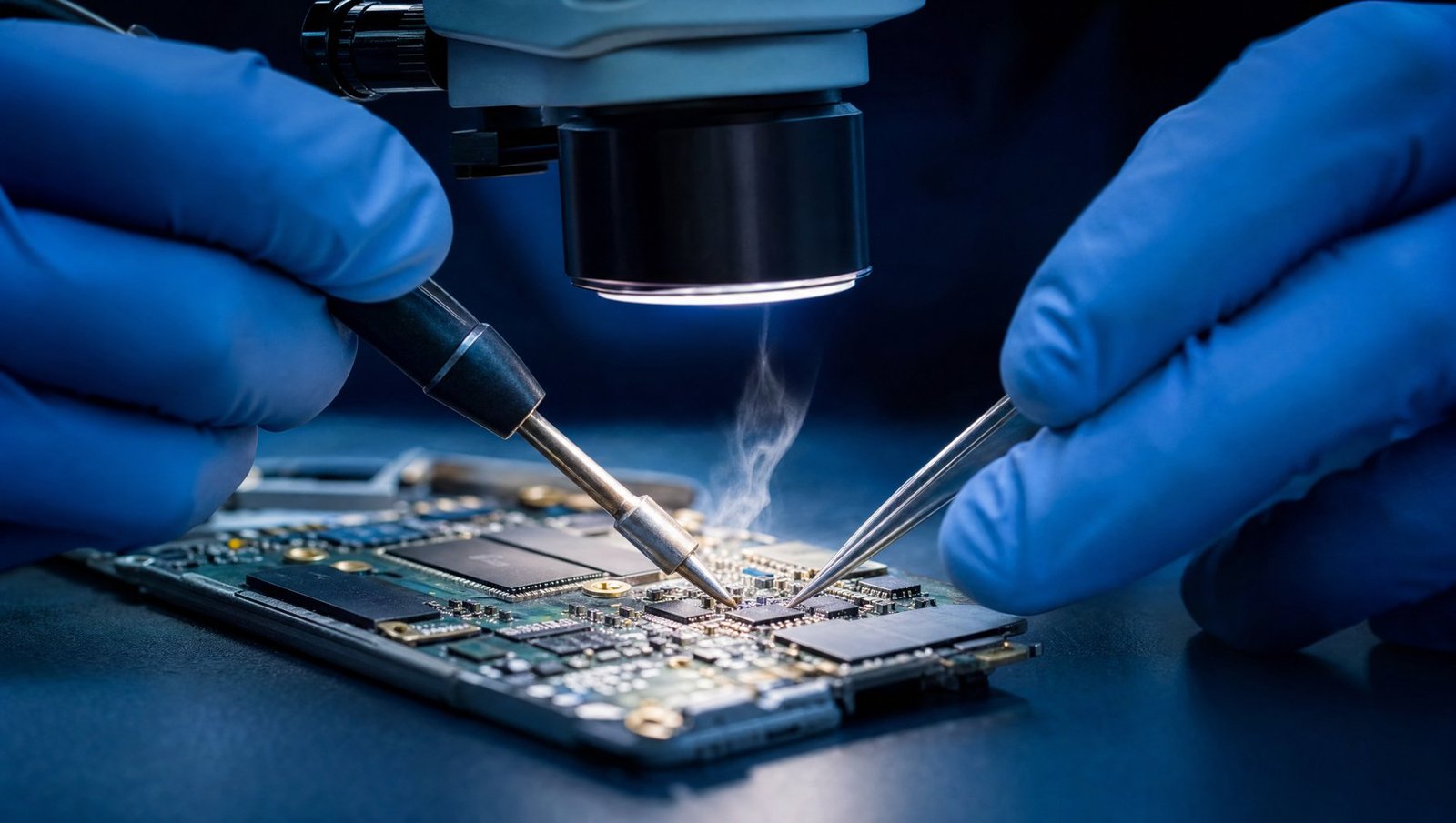 Microsoldering a smartphone logic board under the microscope at Teltaks