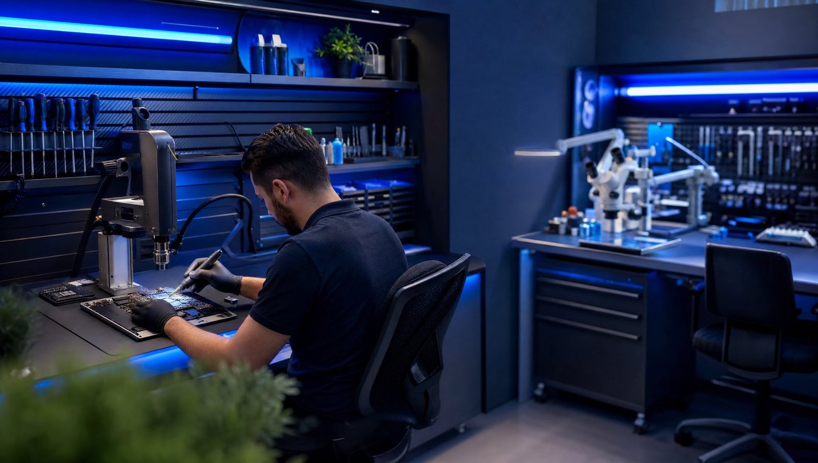 Technician at a BGA rework station inside the Teltaks board repair lab