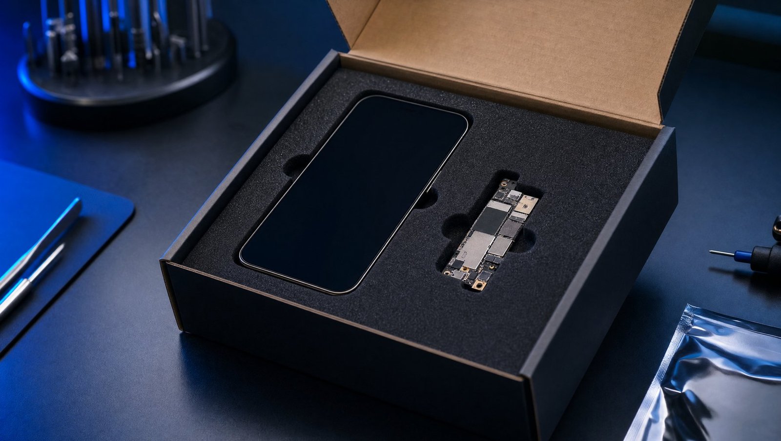 A phone and logic board packed for insured mail-in repair to Teltaks